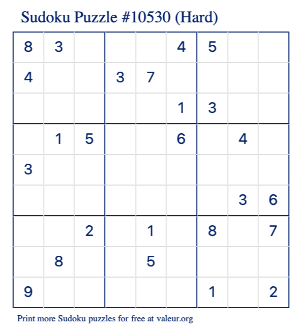 Free Printable Hard Sudoku Puzzle number 10530