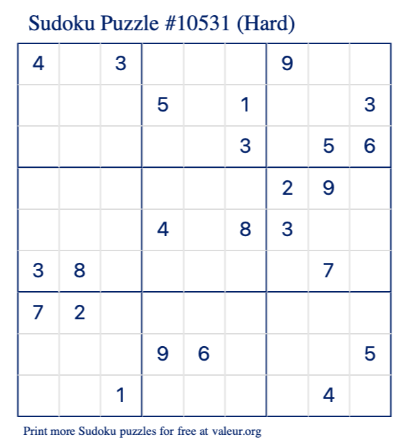 Free Printable Hard Sudoku Puzzle number 10531