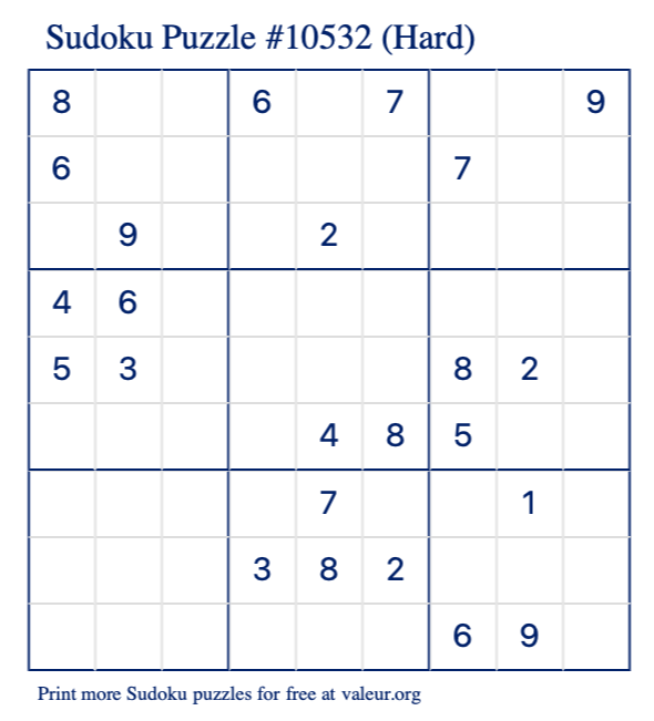 Free Printable Hard Sudoku Puzzle number 10532