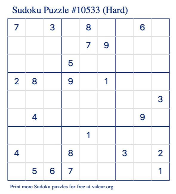 Free Printable Hard Sudoku Puzzle number 10533