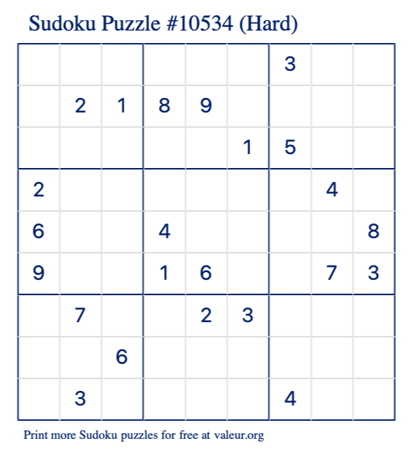 Free Printable Hard Sudoku Puzzle number 10534