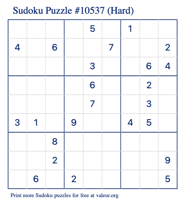 Free Printable Hard Sudoku Puzzle number 10537