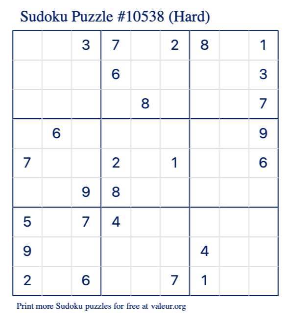 Free Printable Hard Sudoku Puzzle number 10538