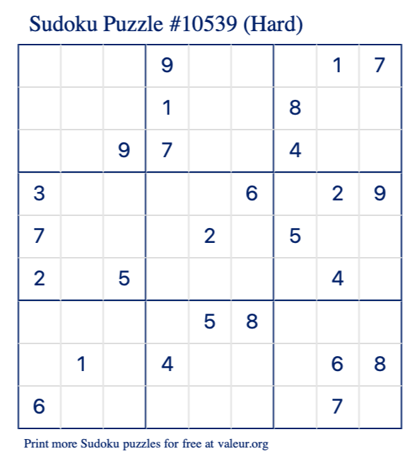 Free Printable Hard Sudoku Puzzle number 10539