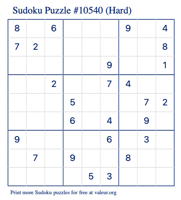Free Printable Hard Sudoku Puzzle number 10540