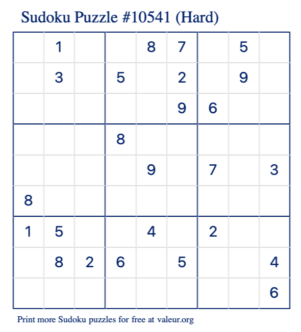 Free Printable Hard Sudoku Puzzle number 10541