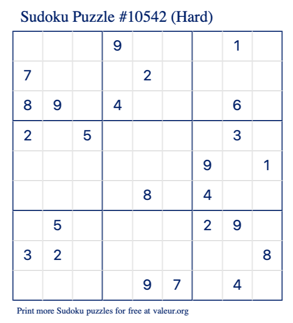 Free Printable Hard Sudoku Puzzle number 10542