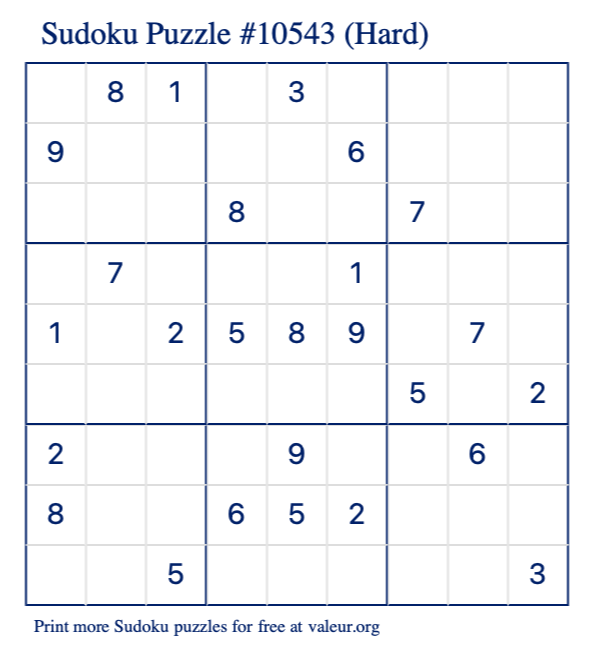Free Printable Hard Sudoku Puzzle number 10543
