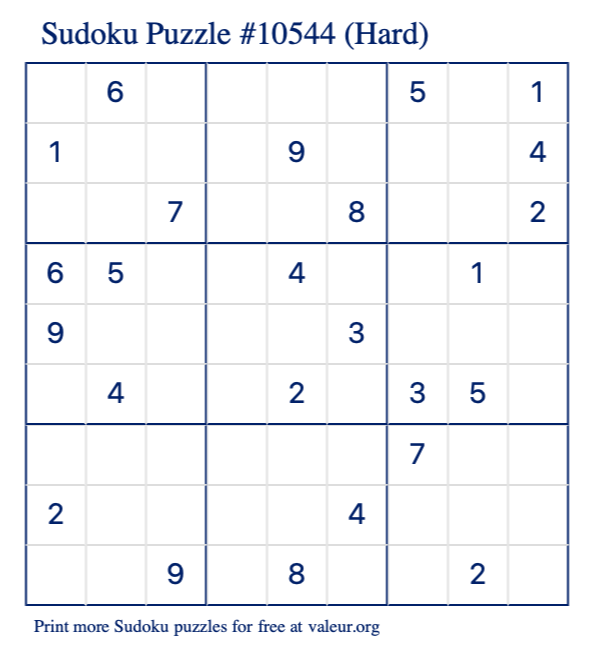 Free Printable Hard Sudoku Puzzle number 10544