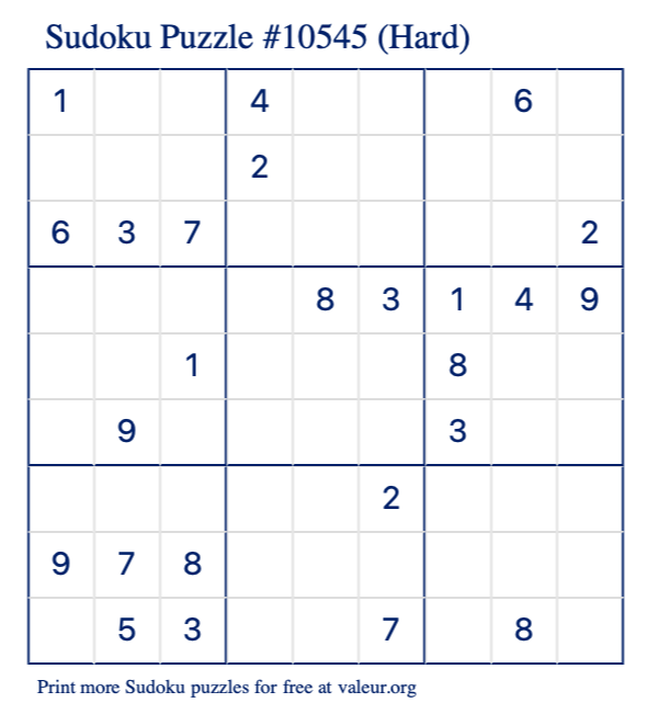 Free Printable Hard Sudoku Puzzle number 10545