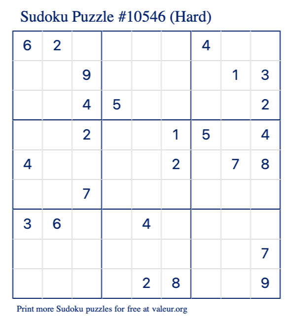 Free Printable Hard Sudoku Puzzle number 10546