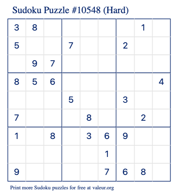Free Printable Hard Sudoku Puzzle number 10548