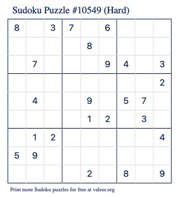 Free Printable Hard Sudoku Puzzle number 10549