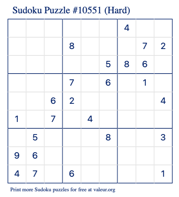 Free Printable Hard Sudoku Puzzle number 10551