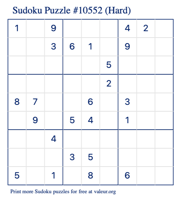 Free Printable Hard Sudoku Puzzle number 10552