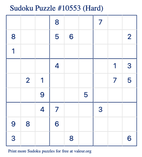 Free Printable Hard Sudoku Puzzle number 10553