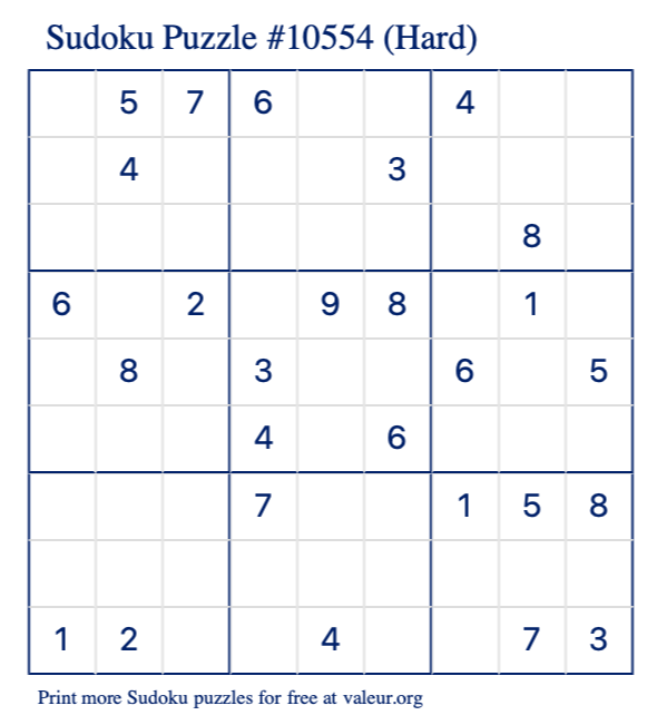Free Printable Hard Sudoku Puzzle number 10554
