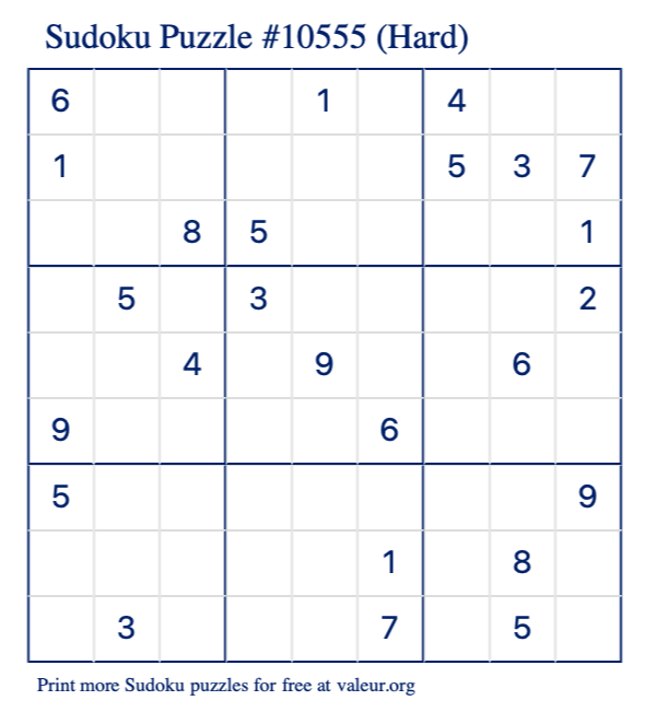 Free Printable Hard Sudoku Puzzle number 10555