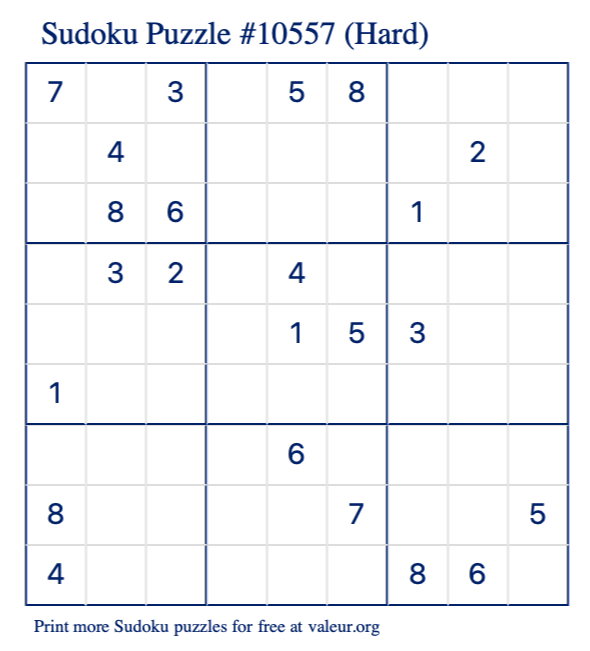 Free Printable Hard Sudoku Puzzle number 10557