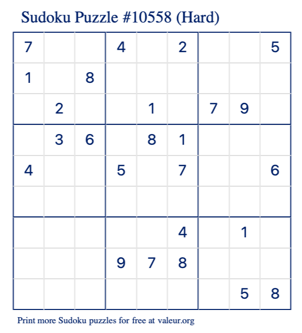 Free Printable Hard Sudoku Puzzle number 10558