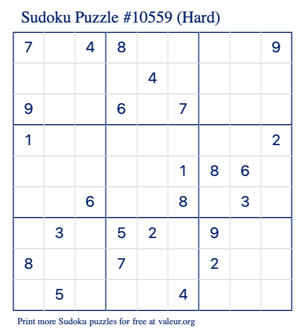 Free Printable Hard Sudoku Puzzle number 10559