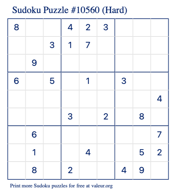 Free Printable Hard Sudoku Puzzle number 10560