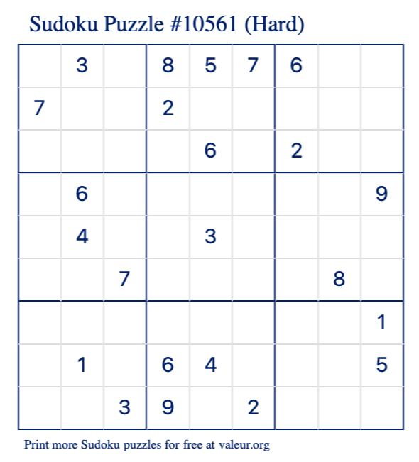 Free Printable Hard Sudoku Puzzle number 10561
