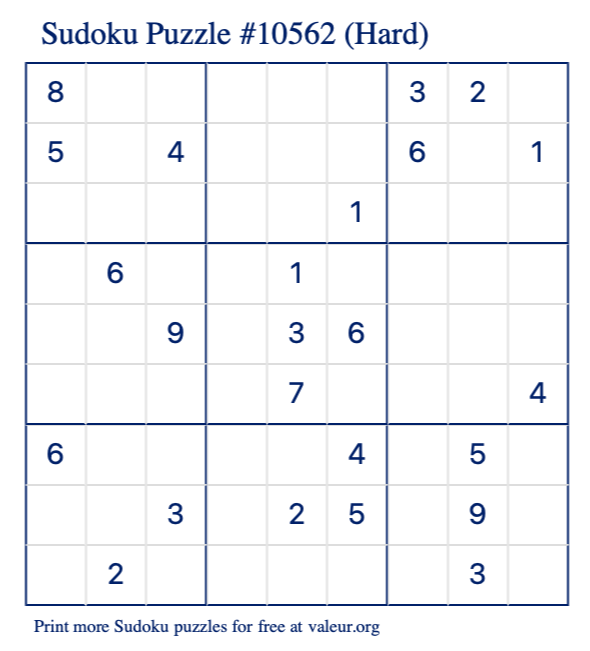 Free Printable Hard Sudoku Puzzle number 10562