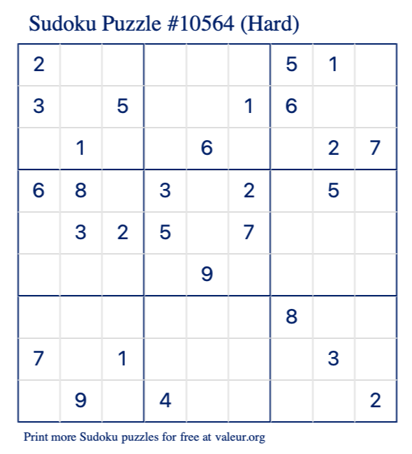 Free Printable Hard Sudoku Puzzle number 10564
