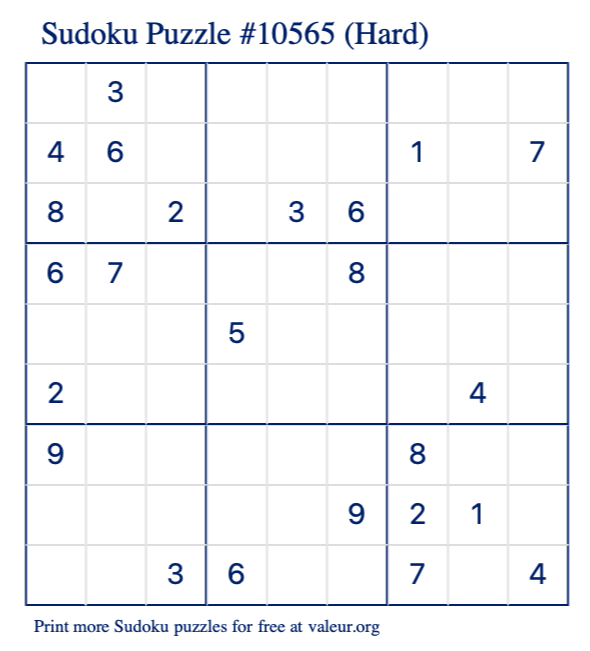 Free Printable Hard Sudoku Puzzle number 10565