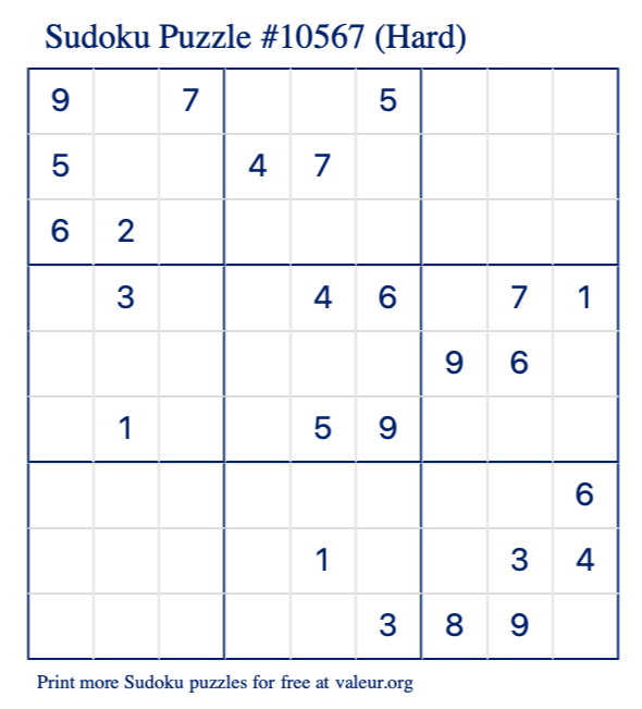 Free Printable Hard Sudoku Puzzle number 10567