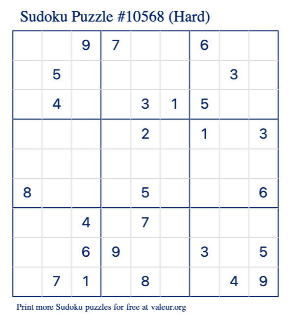 Free Printable Hard Sudoku Puzzle number 10568