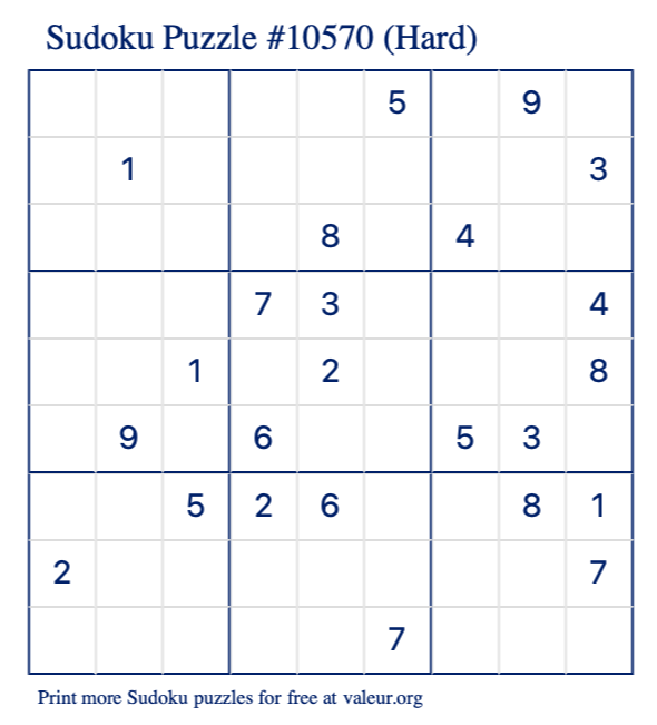 Free Printable Hard Sudoku Puzzle number 10570