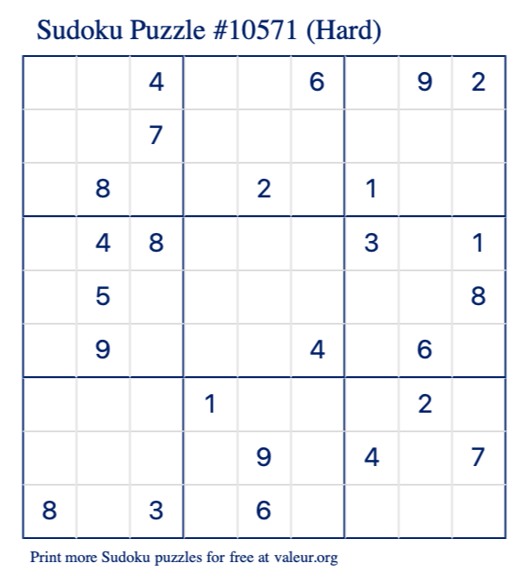Free Printable Hard Sudoku Puzzle number 10571