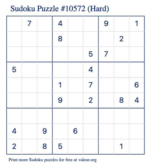 Free Printable Hard Sudoku Puzzle number 10572
