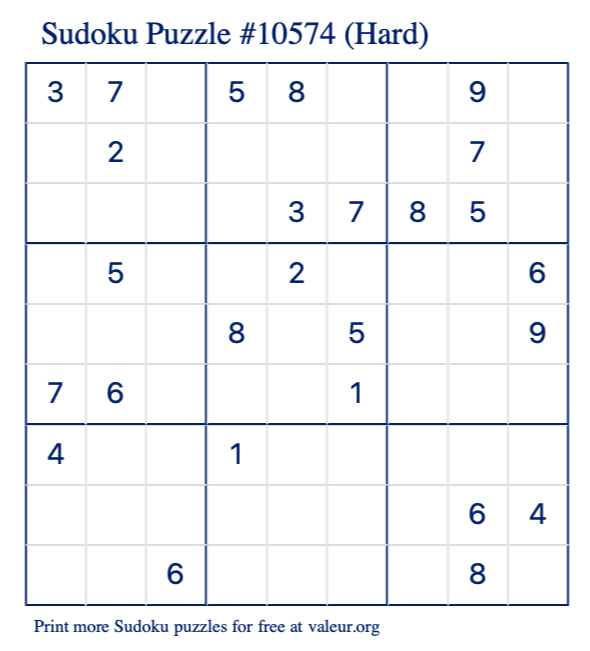 Free Printable Hard Sudoku Puzzle number 10574