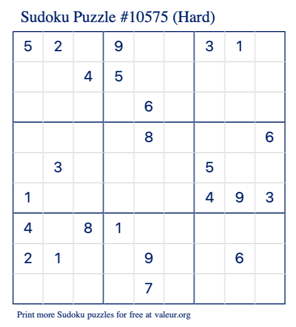 Free Printable Hard Sudoku Puzzle number 10575