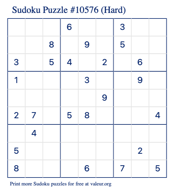 Free Printable Hard Sudoku Puzzle number 10576