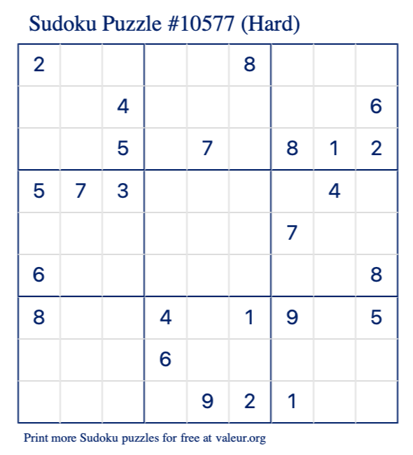 Free Printable Hard Sudoku Puzzle number 10577