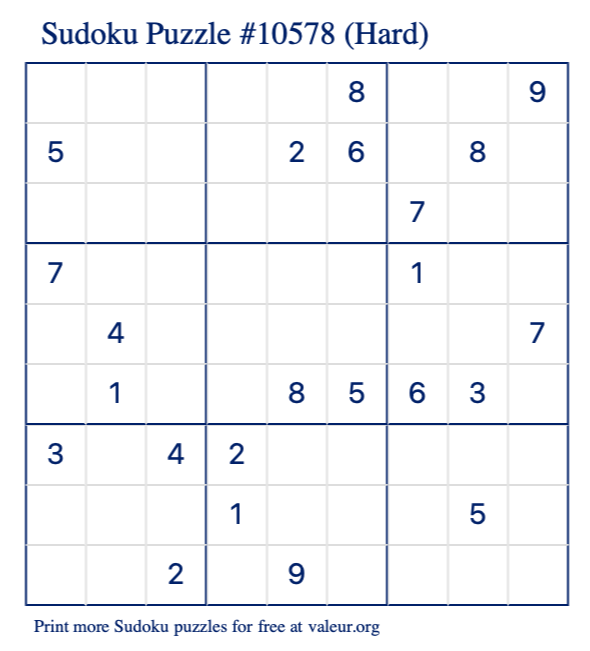 Free Printable Hard Sudoku Puzzle number 10578