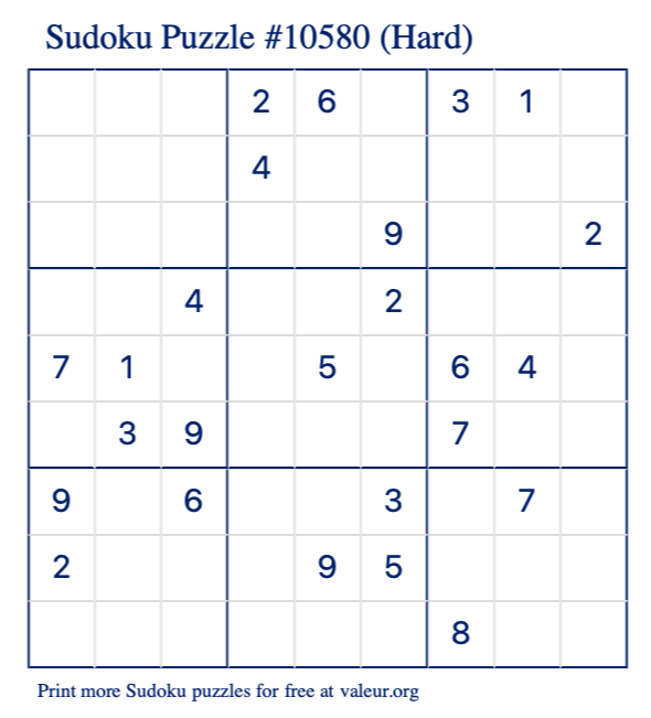 Free Printable Hard Sudoku Puzzle number 10580
