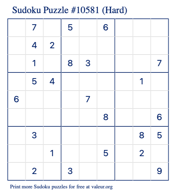 Free Printable Hard Sudoku Puzzle number 10581