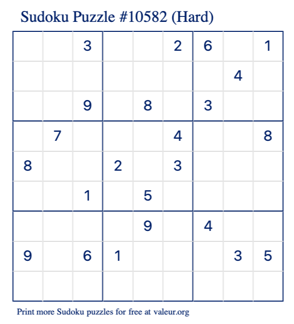 Free Printable Hard Sudoku Puzzle number 10582