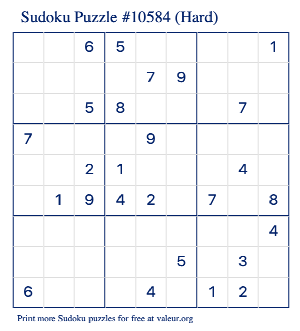 Free Printable Hard Sudoku Puzzle number 10584