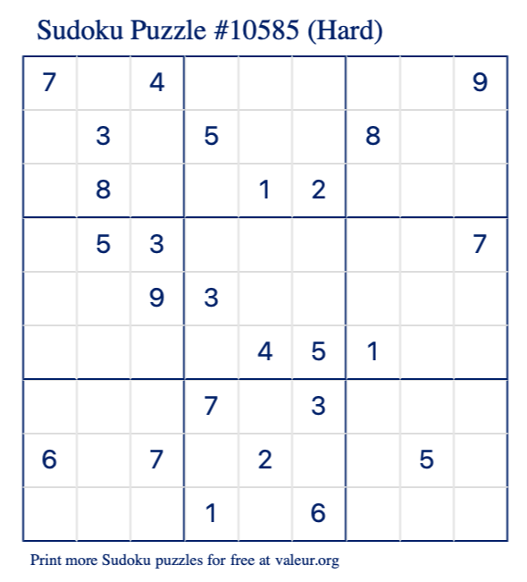 Free Printable Hard Sudoku Puzzle number 10585