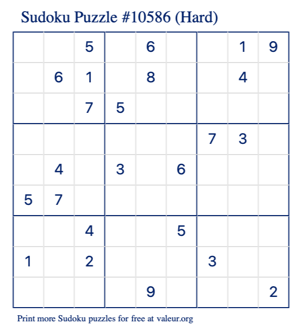 Free Printable Hard Sudoku Puzzle number 10586