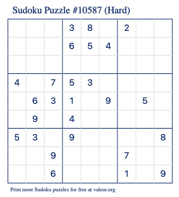Free Printable Hard Sudoku Puzzle number 10587