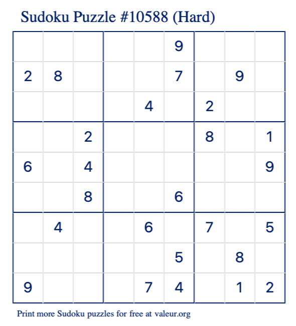 Free Printable Hard Sudoku Puzzle number 10588