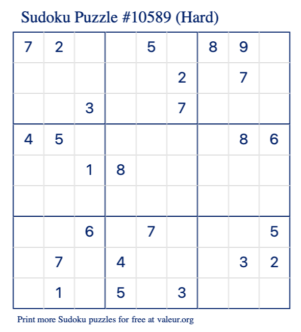 Free Printable Hard Sudoku Puzzle number 10589