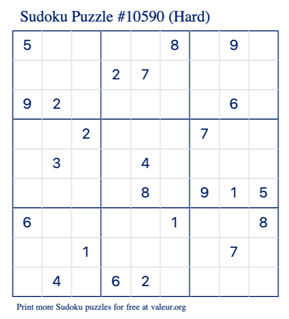 Free Printable Hard Sudoku Puzzle number 10590